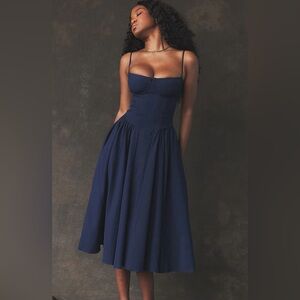FRENCH BUSTIER SPAGHETTI STRAP DROP WAIST FIT & FLARE MIDI SUNDRESS - NAVY BLUE